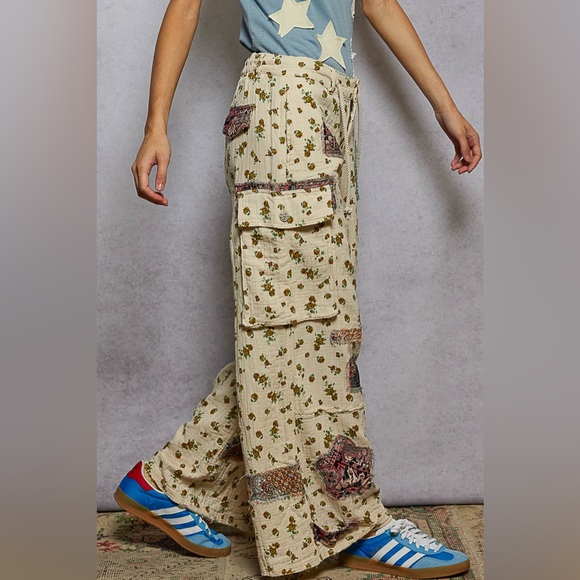 POL Pants - POL Boho Cream Floral Patchwork Wide-Leg Pants